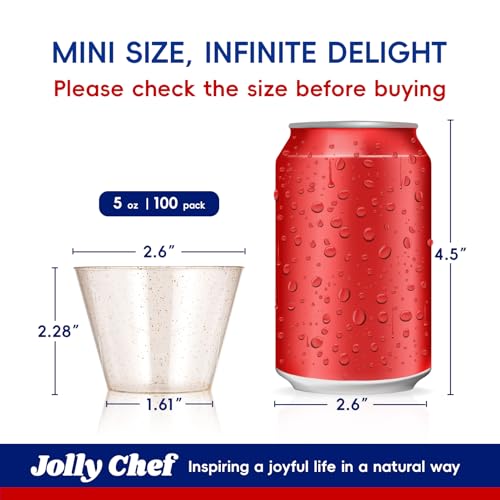 JOLLY CHEF 5 oz 100 Pack Small Glitter Disposable Cups, Glitter Plastic Cups, Disposable Plastic Shot Glasses Perfect for ...