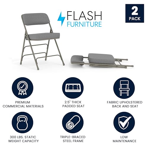 Flash Furniture Hercules Series Metal Folding Chairs with Cushioned Seats, Fabric Upholstered Event Chairs, Set of 2, Gray