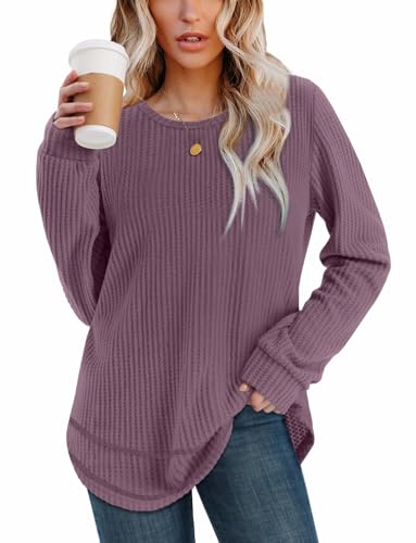 WIHOLL Tunic Tops for Women Loose Fit Dressy Waffle Knit Long Sleeve Shirts Trendy Fall Fashion Crewneck Sweaters Curved Hem