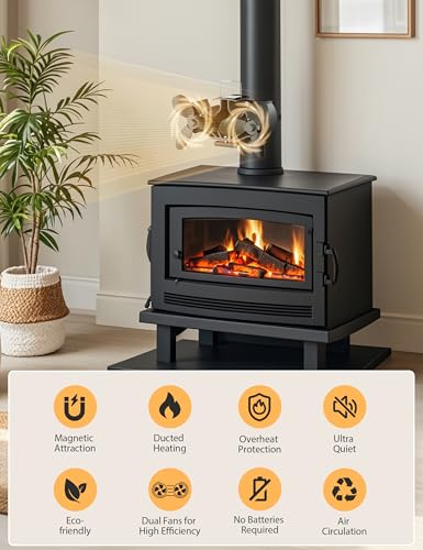 KLEVVO Wood Stove Fan Heat Powered, Strong Magnetic Fireplace Fan,【Ultra Quiet & High Speed & Non Electric】 Auto Thermal F...