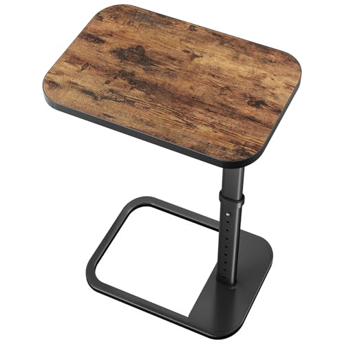 Brown TV Tray Table with 9-Level Adjustable Height, Lockable Flip-Top & Rounded Metal Corners, C Shaped Sofa Side End Tabl...