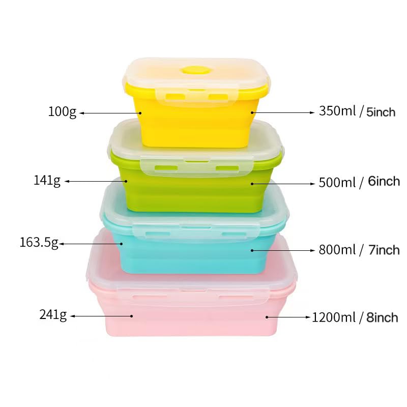 CozyKit Set of 4, Collapsible Silicone Food Storage Container, Leftover Meal Box for Kitchen, Lunch Boxes with Clip-on Li...