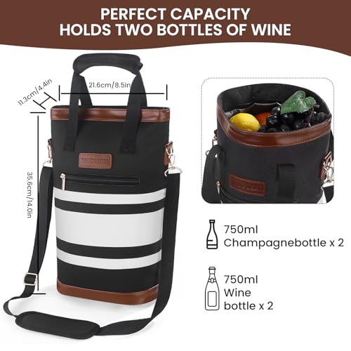 BLUBYEES 2-Bottle Insulated Wine Carrier Tote - Leakproof Padded 900D Oxford Cooler Bag for Travel, Picnics, Beach & Parties