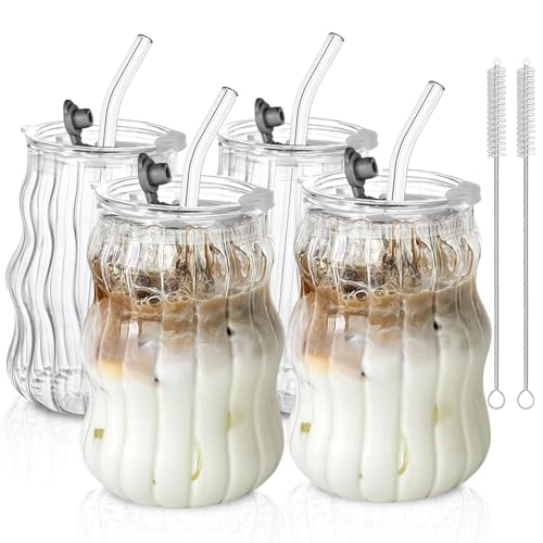 KEMORELA 4PCS Ribbed Glass Cups with Lids & Straws – 18oz Vintage Wavy Coffee Cups, Bubble Glass Aesthetic for Iced Coffe...