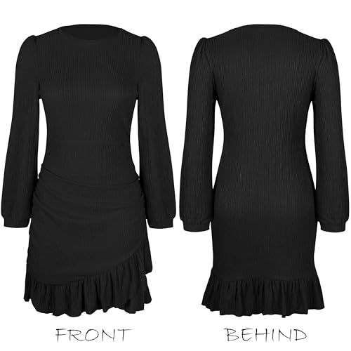 CUPSHE Women Knit Ruched Fall Dress Smocked Ruffle Hem Crew Neck Long Sleeve Bodycon Sexy Casual Holiday Mini Dress