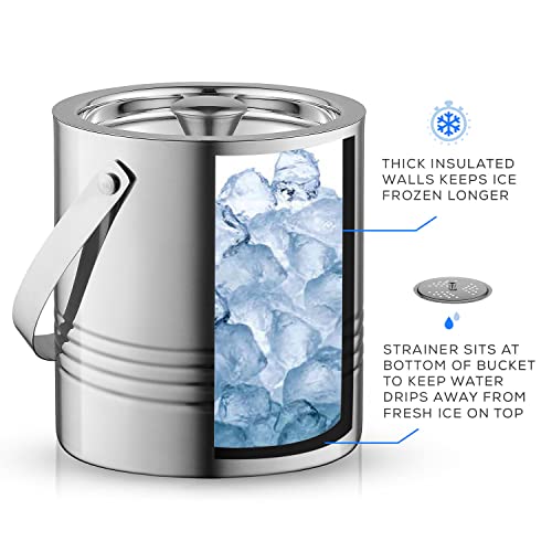 JoyJolt Metal Double Wall Ice Bucket with Lid, Ice Tongs and Strainer. 3L Insulated Ice Bucket for Cocktail Bar, Wine, Hom...