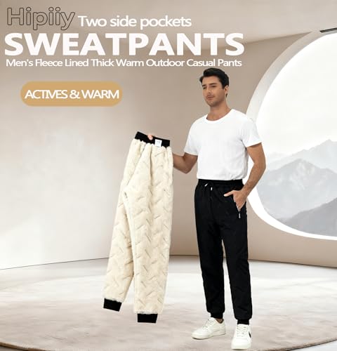 HiPiiy New Men's Fleece Lined Thick Warm Outdoor Casual Pants, Loose Fit Sports Trousers Black