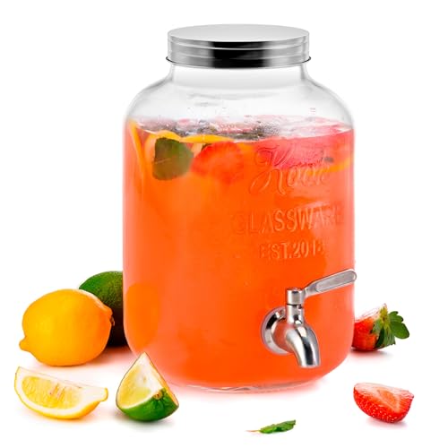 Kook Glass Drink Dispenser, with Leak-Proof Stainless Steel Spigot, Clear Mason Jar, Beverage Storage for Fridge, for Wate...