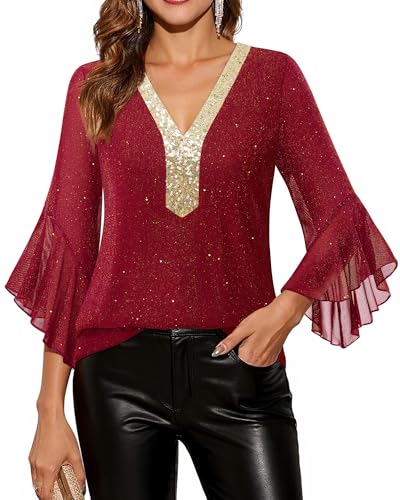 Timeson Women's Ruffle 3/4 Sleeve Sparkly Tops Sequin V Neck Blouses Dressy Fall Shirts