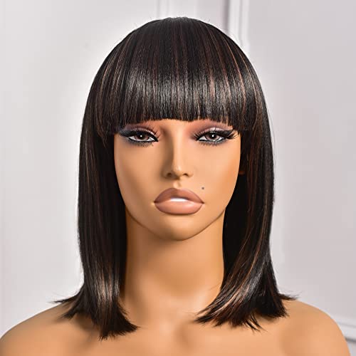 ToyoTress Black Mix Brown Bob Wigs With Bangs - 14 Inch Blunt Cut Bob Wig For Black Women Shoulder Length, Light Yaki Straight H
