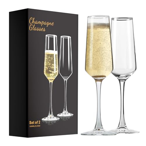 PARACITY Champagne Flutes, Champagne Glasses Set of 2, Elegant 8.5oz Glass Champagne Flutes, Gift for Birthday, Wedding, C...