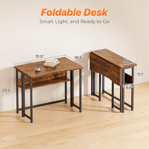 Huuger Folding Desk with Storage Shelf, 31.5 Inch Foldable Computer Table for Small Spaces, Space Saving Sofa Table for Co...