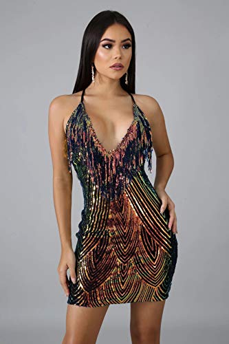Women's Sexy Bodycon Party Mini Dress Deep V Neck Sequin Backless Spaghetti Straps Clubwear