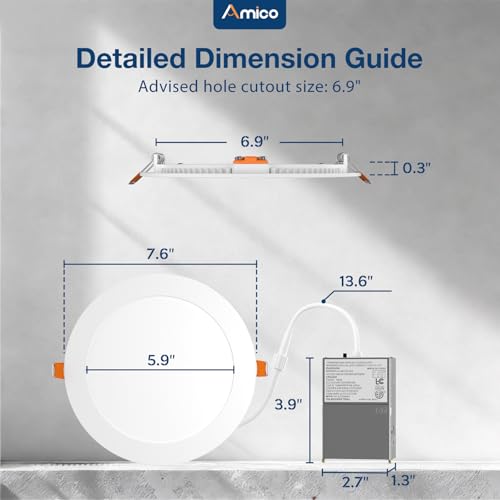 Amico 12 Pack 7 Inch 5CCT Ultra-Thin LED Canless Recessed Ceiling Light with Junction Box, 2700K/3000K/3500K/4000K/5000K S...