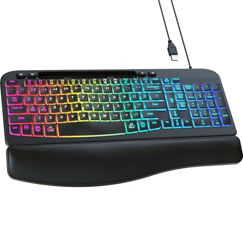 VEILZOR Wired Ergonomic Keyboard, 7-Color Backlit USB Computer Keyboard with Wrist Rest, Wave Keys, Phone Holder, Lighted ...