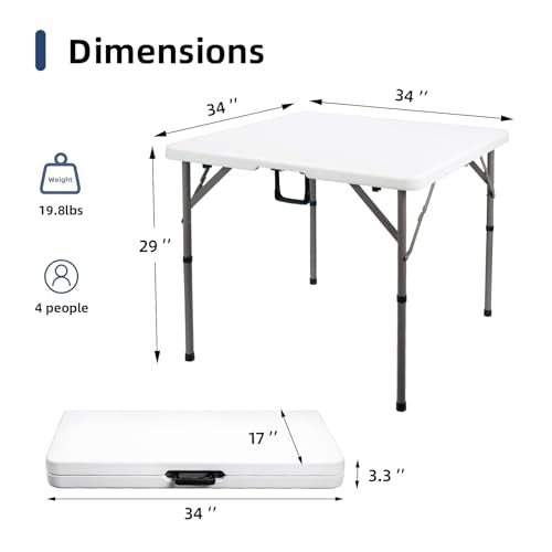 Byliable 34" Square Folding Card Table, Fold-in-Half Utility Dining Portable Table Heavy Duty HDPE White Plastic Foldable ...
