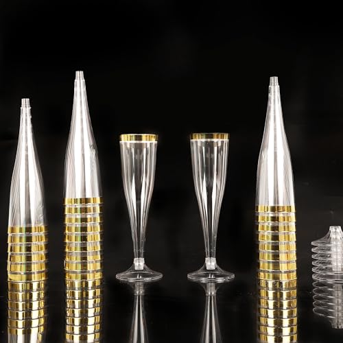Zcaukya 100 Plastic Champagne Flutes, 4.5oz Clear Disposable Hard Stemware Cups with Golden Rim, Plastic Champagne Glasses...