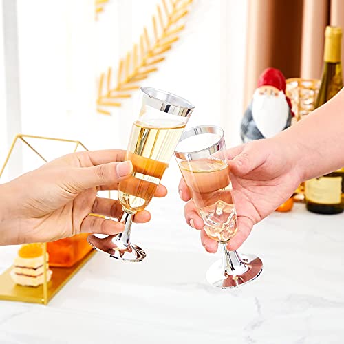 N9R 24pcs Plastic Champagne Flutes with Silver Rim, Clear Disposable Champagne Glasses 5 Oz, Perfect for Wedding and Party...