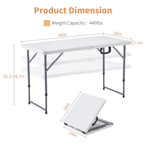 BOOSDEN 4 Foot Folding Table, Portable Rectangle Card Table, Indoor Outdoor Plastic Fold-in-Half Utility Table with Carryi...