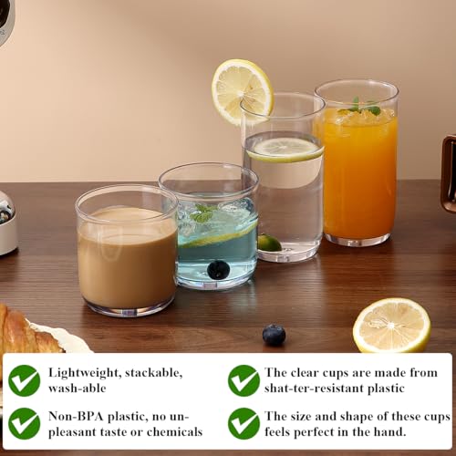 Kyraton Drinking Glasses Set of 12, PET Clear Plastic Highball Glasses 14oz & Whisky Cocktail Glasses Set 11.5oz, Heavy Du...