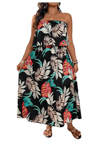 Verdusa Women's Plus Size Tropical Strapless Tube Dress Ruffle Layered Maxi Dresses