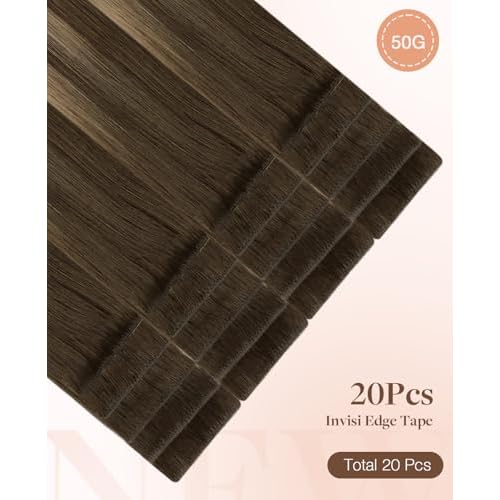 GOO GOO Invisi Edge Tape in Hair Extensions Human Hair, 4/27/4 Balayage Chocolate Brown to Caramel Blonde 20pcs 18inch 50g, Virgin Remy Hair, Seamless Injected Tape, Natural Look