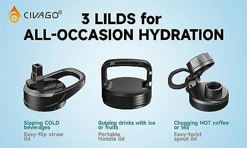 CIVAGO 32 oz Insulated Water Bottle With Straw, Stainless Steel Sports Water Cup Flask with 3 Lids (Straw, Spout and Handl...