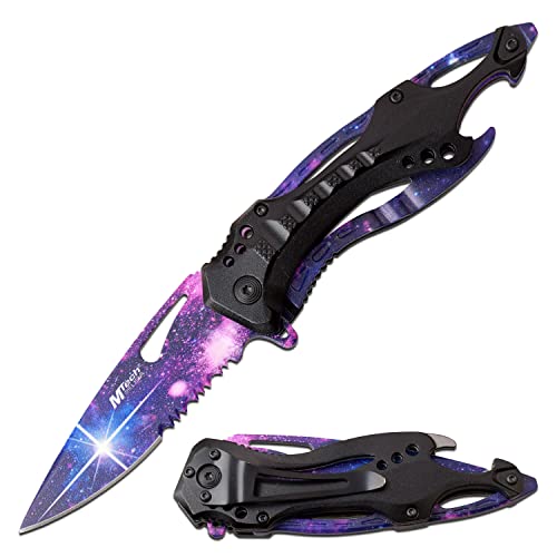 MTECH USA Folding Knife, 3.75-Inch Half-Serrated Blade, Titanium Coating, Glass Breaker, Pocket Clip
