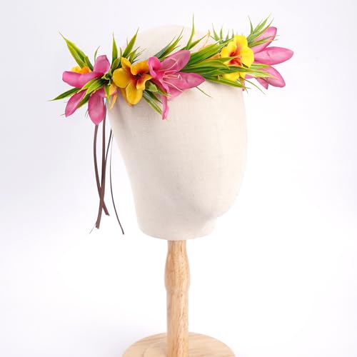 Hawaiian Leis Flower Crown - Artificial Tropical Flower Headpiece Hawaii Floral Headband with Ribbon Lei Luau Dress Up Hai...