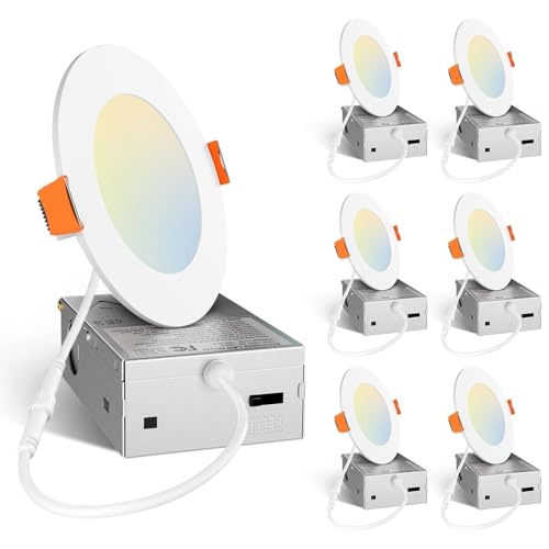 Amico 6 Pack 4 Inch 5CCT Ultra-Thin LED Recessed Ceiling Light with Junction Box, 2700K/3000K/3500K/4000K/5000K Selectabl...