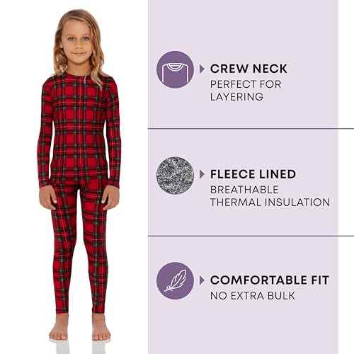 Rocky Thermal Underwear Kids Girls Thermal Underwear Set Toddler Long Johns kid Thermals Kid Base Layer kids thermals top bottom set Winter Clothes Shirt Pants Ski/Extreme Cold (Red Plaid, XS, Heavy)