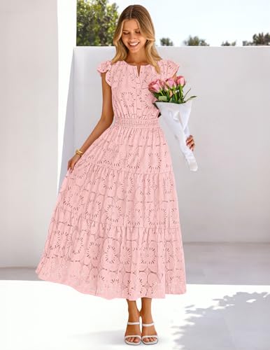 MEROKEETY Women's Summer Lace Eyelet Maxi Dress 2026 Spring Casual Boho Flutter Sleeve Tiered Flowy Beach Vacation Dresses