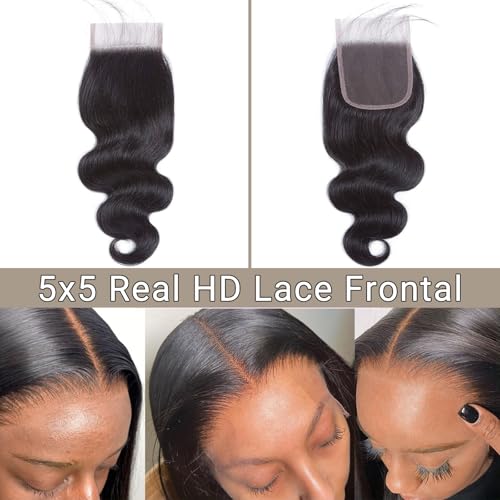 14 Inch 5x5 HD Lace Closure Body Wave Human Hair, Ultra Thin Swiss Lace, Pre Plucked Baby Hair, Natural Hairline Closure Only