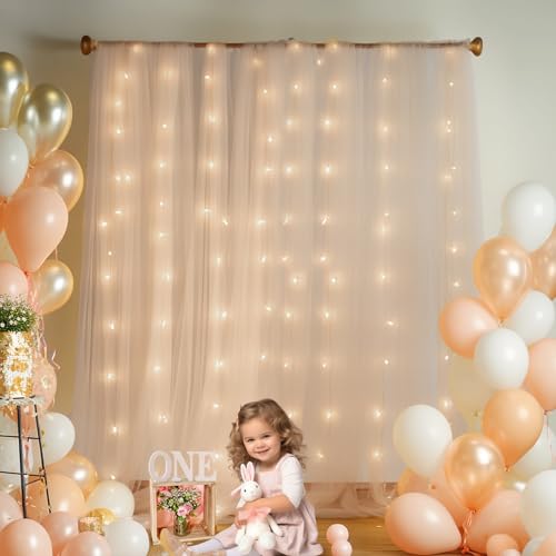 10x10ft Champagne Tulle Backdrop Curtain with Lights String for Parites, Sheer Backdrop Curtains for Wedding Baby Shower B...