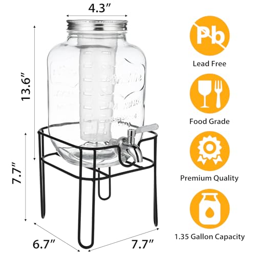 Drink Dispenser 1.35 Gallon Glass Beverage Dispenser with Stand & Stainless Steel Spigot, Drink Dispensers for Parties wit...