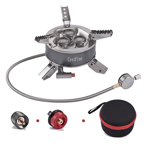 CretFine 6800W Windproof Camping Stove with Adapters, Foldable Backpacking Triple Burner with Portable Case, Piezo Ignitio...
