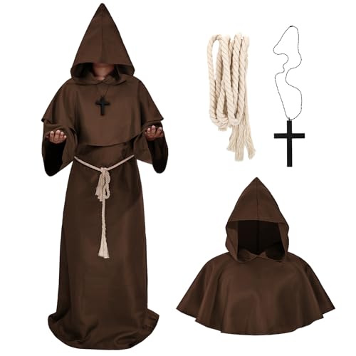 UpFind Medieval Hooded Monk Robe Costume Friar Priest Robe Cloak Renaissance Costume Men Halloween Costume Wizard Robe