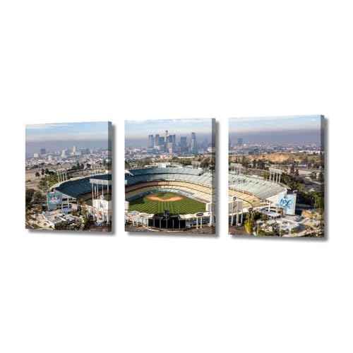 Los Angeles California Panoramic Skyline Cityscape Aerial over Dodger Stadium Painting for Living Room Decor HD Prints on Canvas Giclee Artwork Framed 3 Panels Ready to Hang, 36" Wx16 H