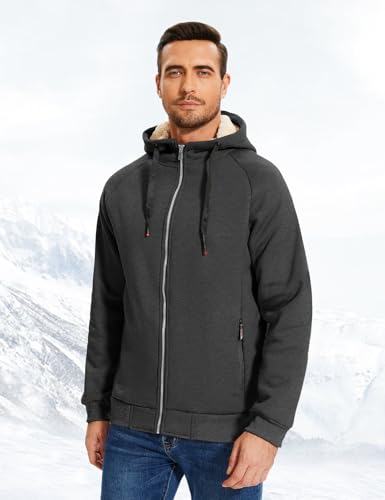 Flygo Sherpa Hoodies for Men Zip Up Winter Fleece Lined Hooded Sweatshirt Heavyweight Warm Jackets