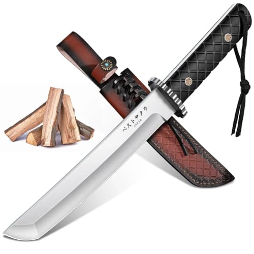 Moontay Fixed Blade Tanto Knife - Japanese Hunting Knife with Sheath, Full Tang Survival Knives with Wood Handle for Campi...