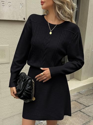 Saodimallsu Womens Puff Long Sleeve Sweater Dress Cable Knit A Line Crew Neck Fall Casual Flare Mini Dresses