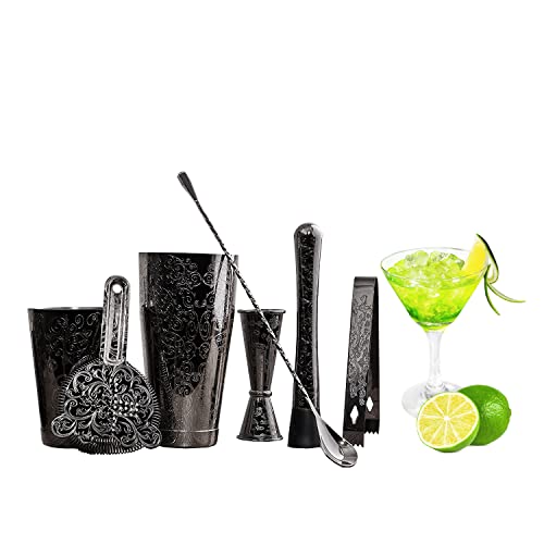 SKY FISH Bartender Kit Cocktail Shaker Set-7 Pieces Stainless Steel Black Plated Etching Bar Tools with Boston Shaker Tin...