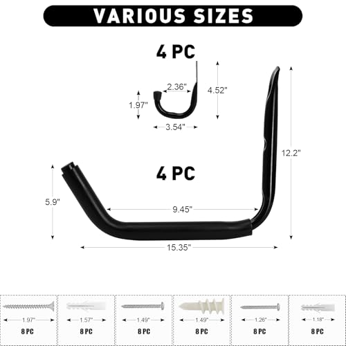 KURUI Heavy Duty Kayak Storage Rack, 100 LB (15") Wall Mount Hooks for Hanging Indoor/Outdoor, 8 Pack Large Garage Hooks f...