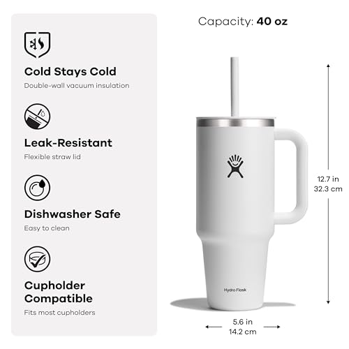 Hydro Flask Travel Tumbler with Handle, Lid and Straw - Insulated Stainless Steel in 40 Oz Ivory