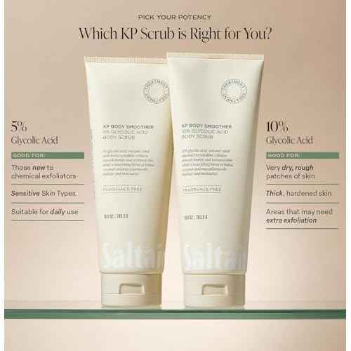 Saltair KP Body Scrub. 10% Glycolic Acid Treatment with Volcanic Sand and Plant Moisturizers. Fragrance-Free Physical Chemical Exfoliator. Exfoliating Body Scrubber for Rough Bumpy Skin, 10oz.