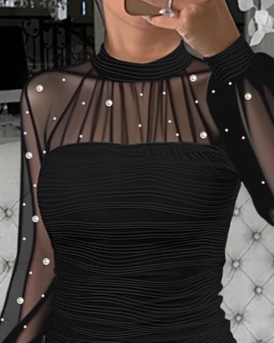 Ninimour Women‘s Pearls Decor Long Sleeve Blouse Mesh Spliced Textured Shirt Going Out Top