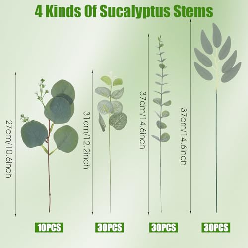 100 Pcs Mixed Eucalyptus Stems Bulk, 4 Style Artificial Silver Dollar Eucalyptus Leaves for Wedding Centerpieces, Faux Gre...