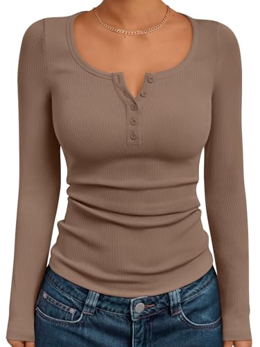 Trendy Queen Long Sleeve Shirts for Women Henley Ribbed Fall Tops Dressy Business Casual Teen Girl Winter Cute Basic Tees