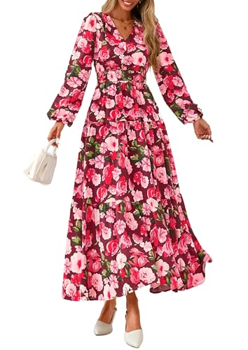 PRETTYGARDEN Long Sleeve Maxi Fall Dresses for Women 2026 Vneck Smocked Boho Floral Tiered Swing Flowy Wedding Guest Dress