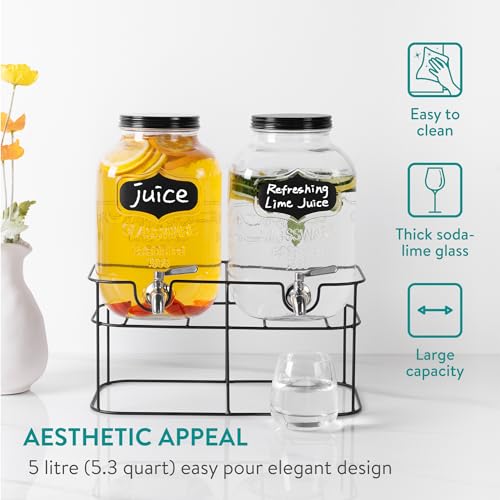 Navaris Glass Double Jar Drink Dispenser with Tap - Includes Metal Stand - For Cocktail Drinks, Lemonade, Water or Beverag...